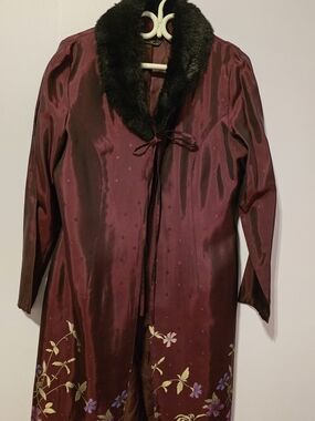 Marks & Spencer Wine Satin long coat with Black Faux Fur Collar